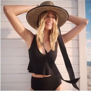 Spanx NWT Pique Longline Flounced Tankini Top Women's Size Medium Black Textured